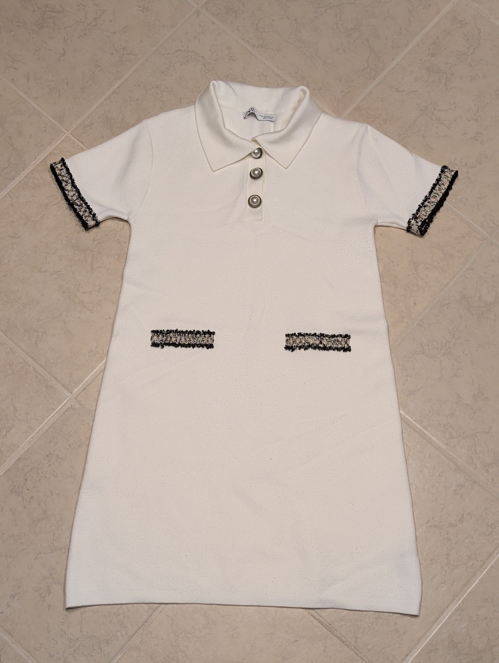Zara White Sweater Viscose Blend Dress With Pearl Detailing